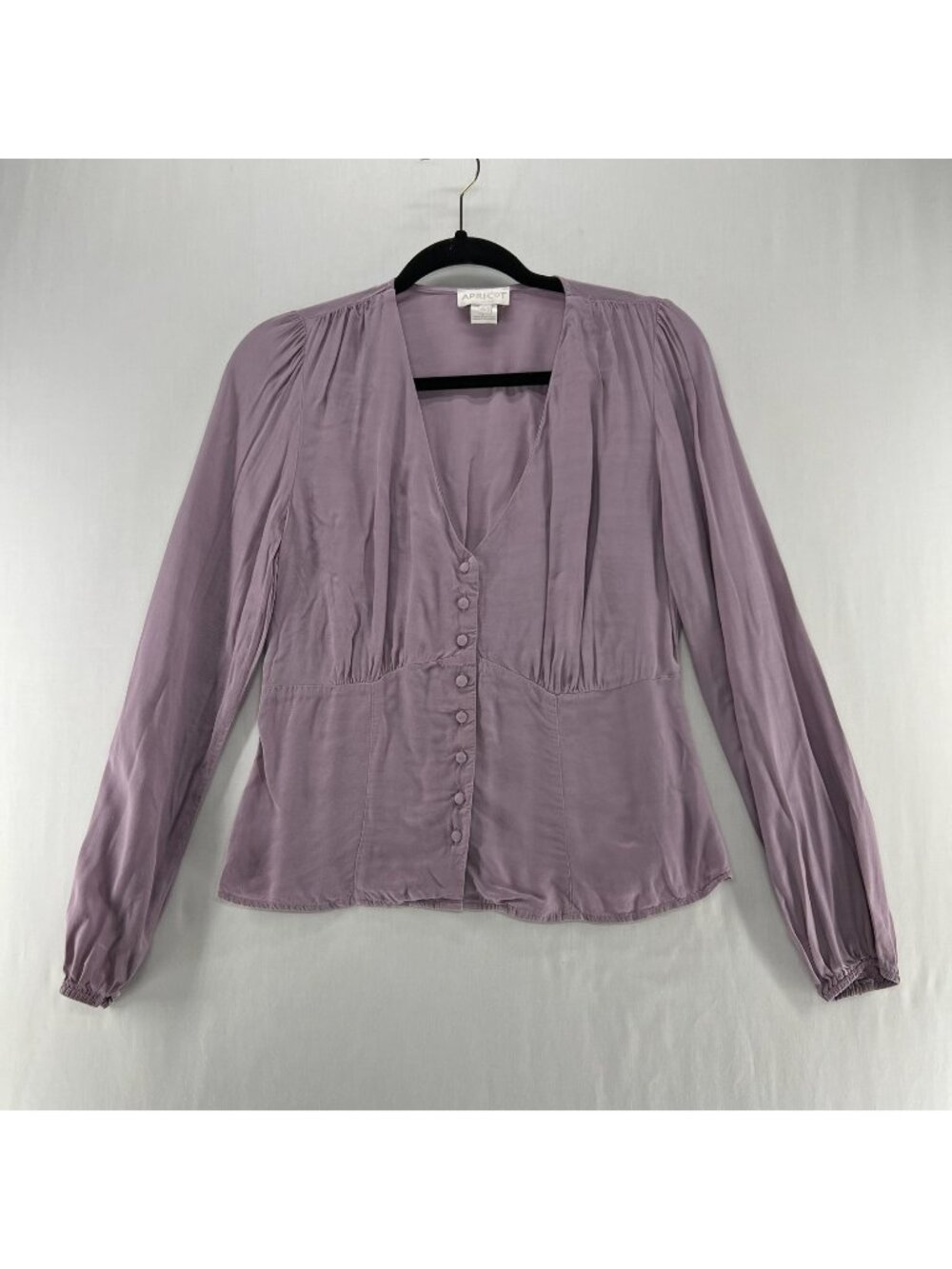 Apricot V-Neck Button Blouse Womens S Empire Waist Long Sleeve Puff Sleeve Mauve